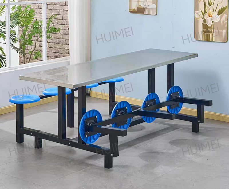 Table de cantine étudiante avec cadre en acier Huimei avec tabourets ronds fixes (argent/bleu) HMZX-014