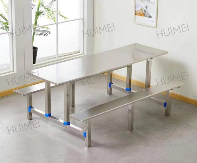 Huimei Table à manger étudiante en acier inoxydable avec bancs (argent) HMZX-011